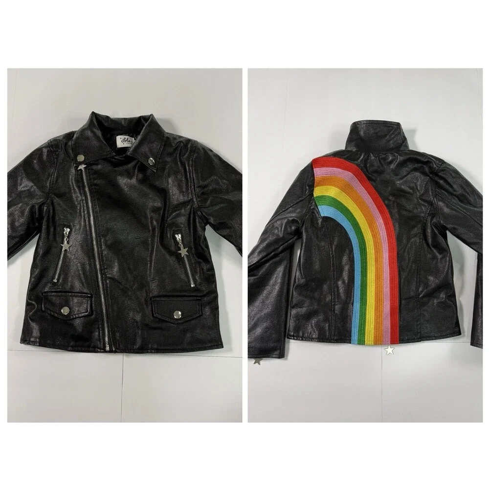 Lola + The Boys Girls Faux Leather Moto Jacket Size 8 Black Rainbow